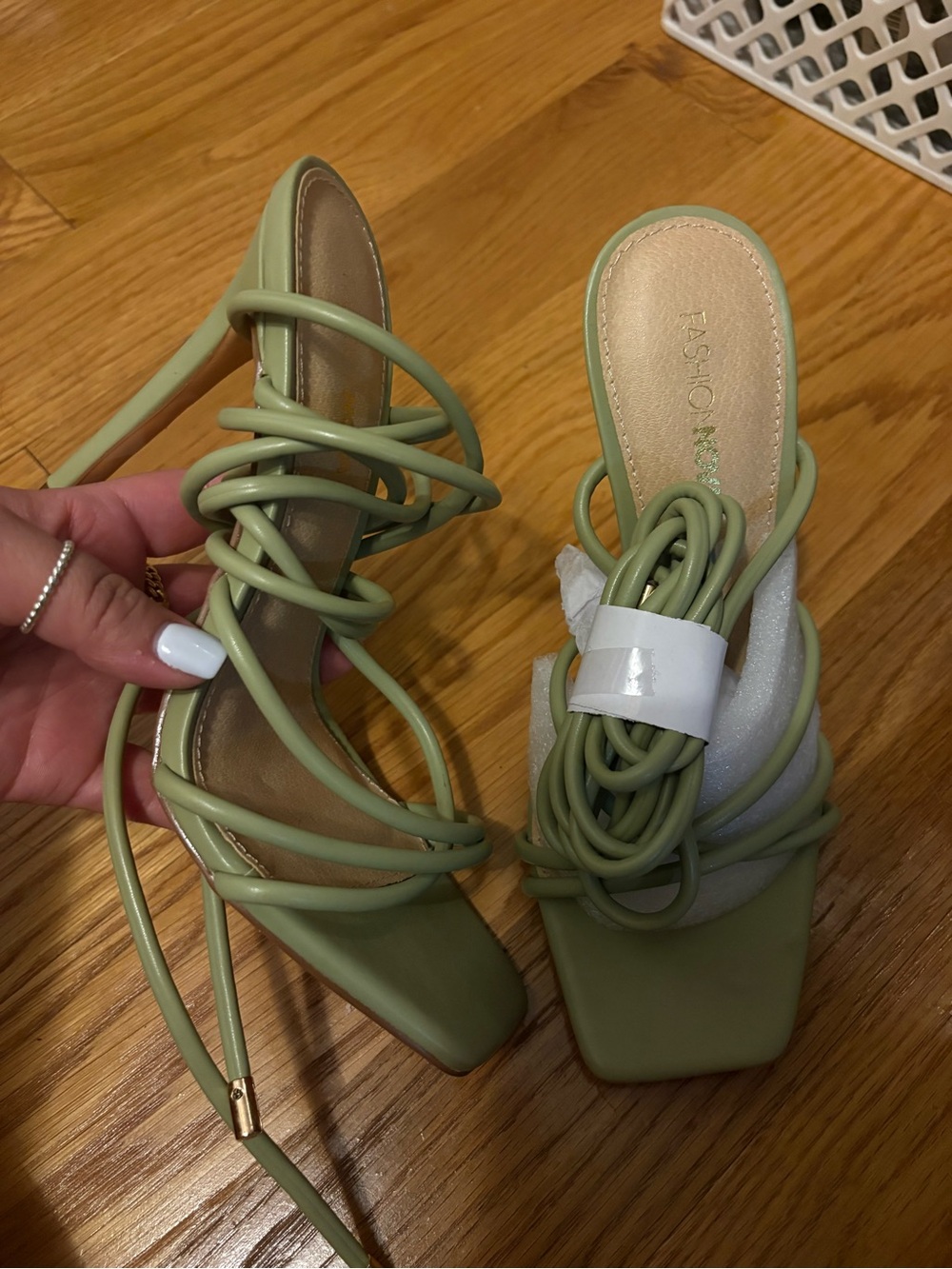 Fashion Nova Sage Green Lace-Up Square Toe Heels